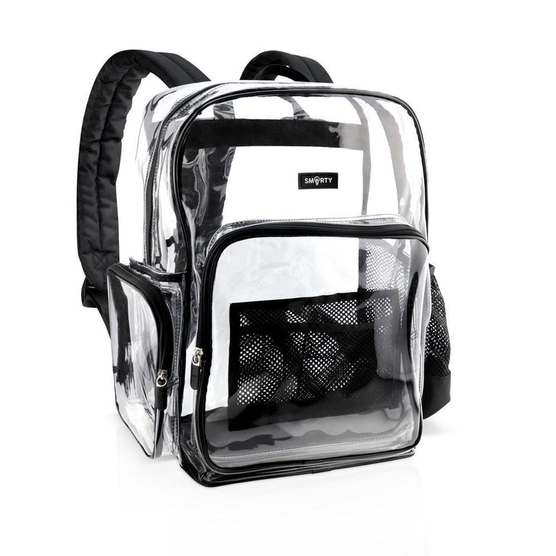 Heavy Duty Clear Backpack with Front Mesh Pocket Organizer - Bold Black (Large)